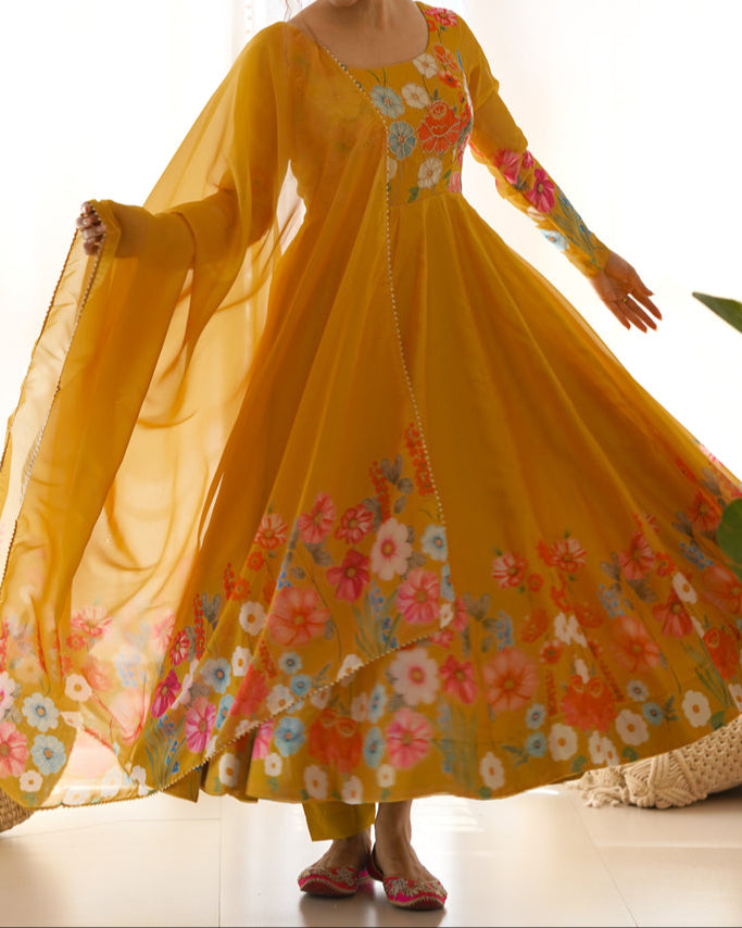 Flower Digital Print Organza Anarkali Suit