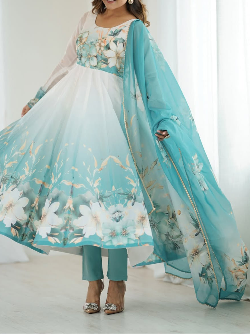 pink floral printed organza anarkali suit set for the upcoming festivities and wedding