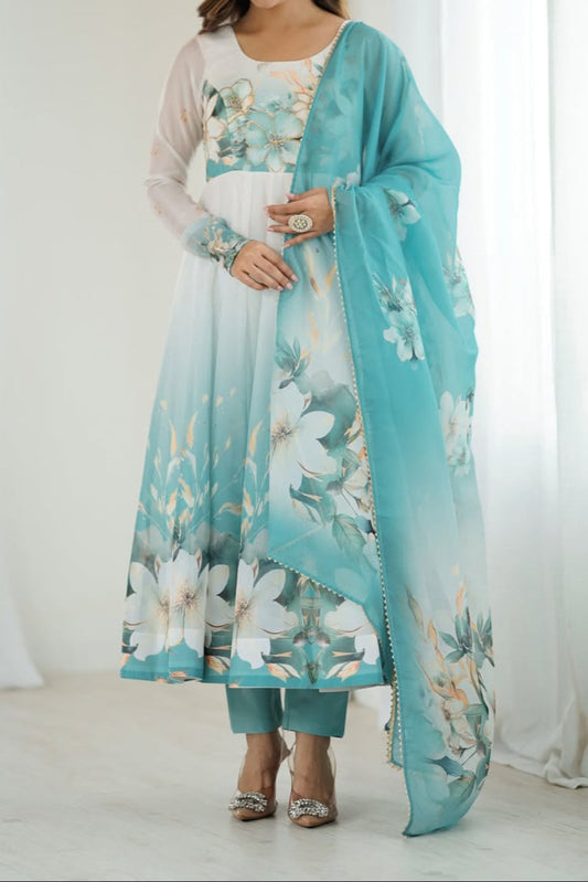 pink floral printed organza anarkali suit set for the upcoming festivities and wedding