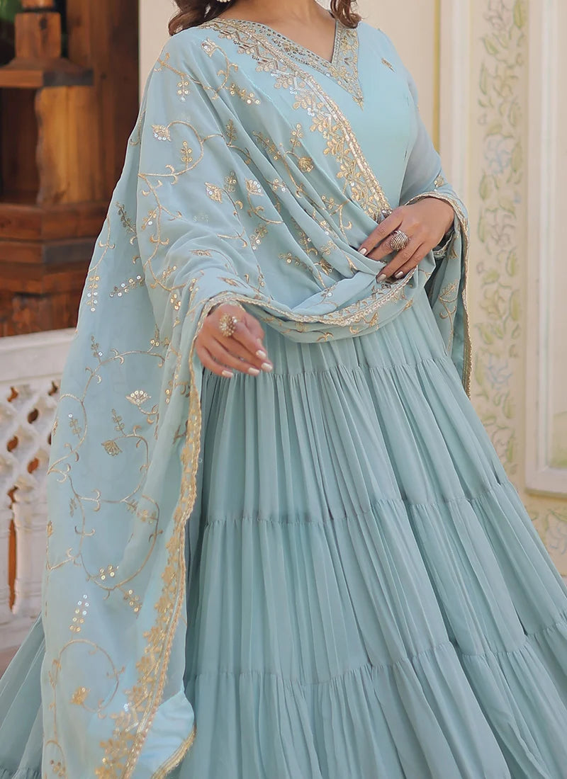 Faux Georgette Blooming & Embroidered Work Gown & Dupatta