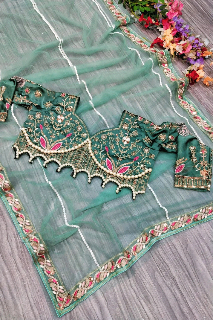 Net Saree With Designer Embroidery Moti & Hand Diamond Work Heavy Blouse