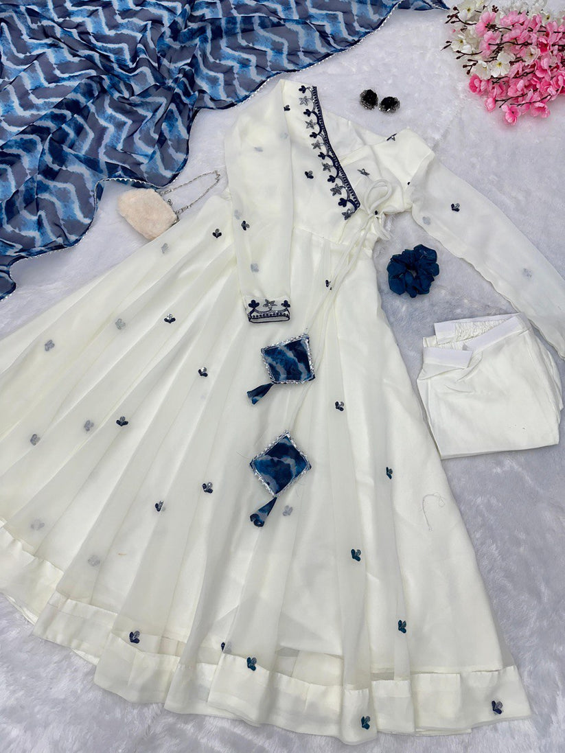 Designer White And Blue Combination Anarkali Suit  Set