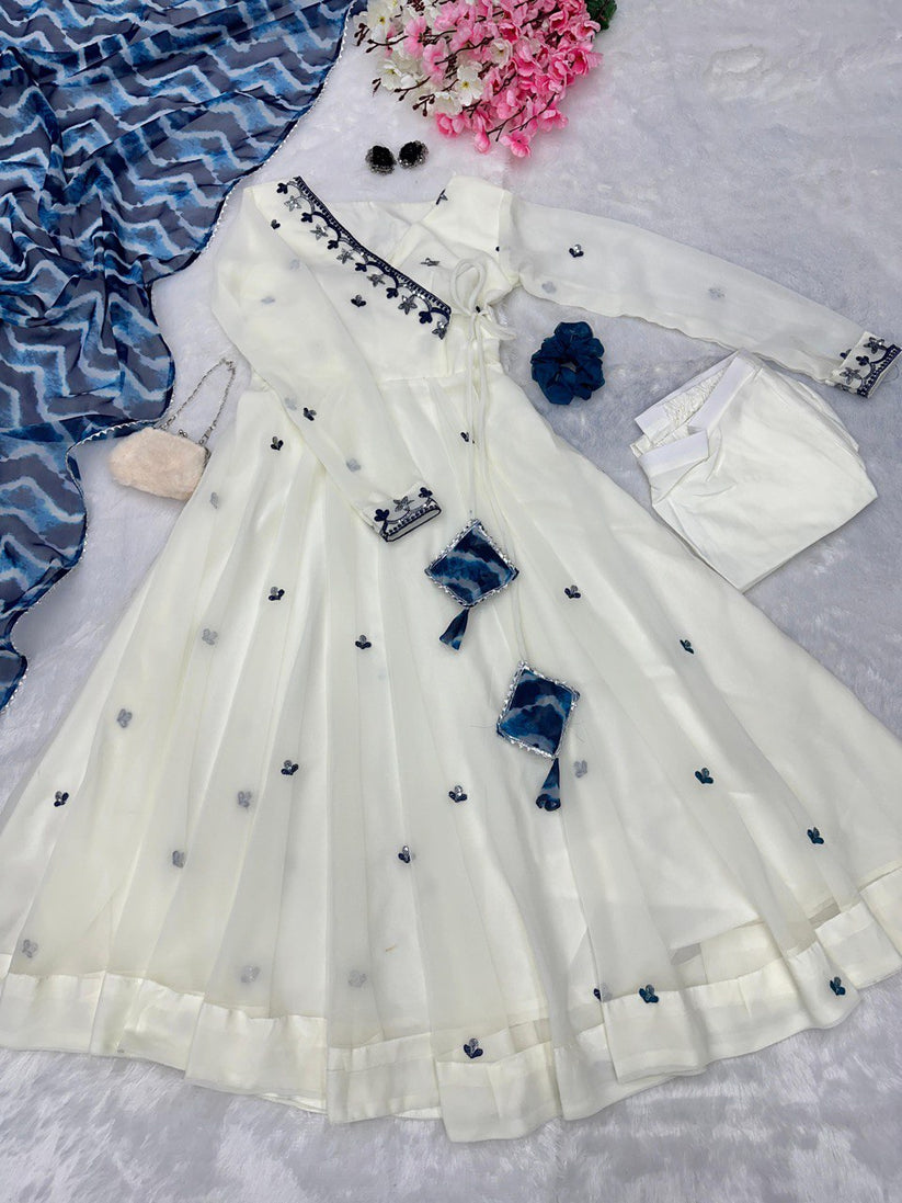 Designer White And Blue Combination Anarkali Suit  Set