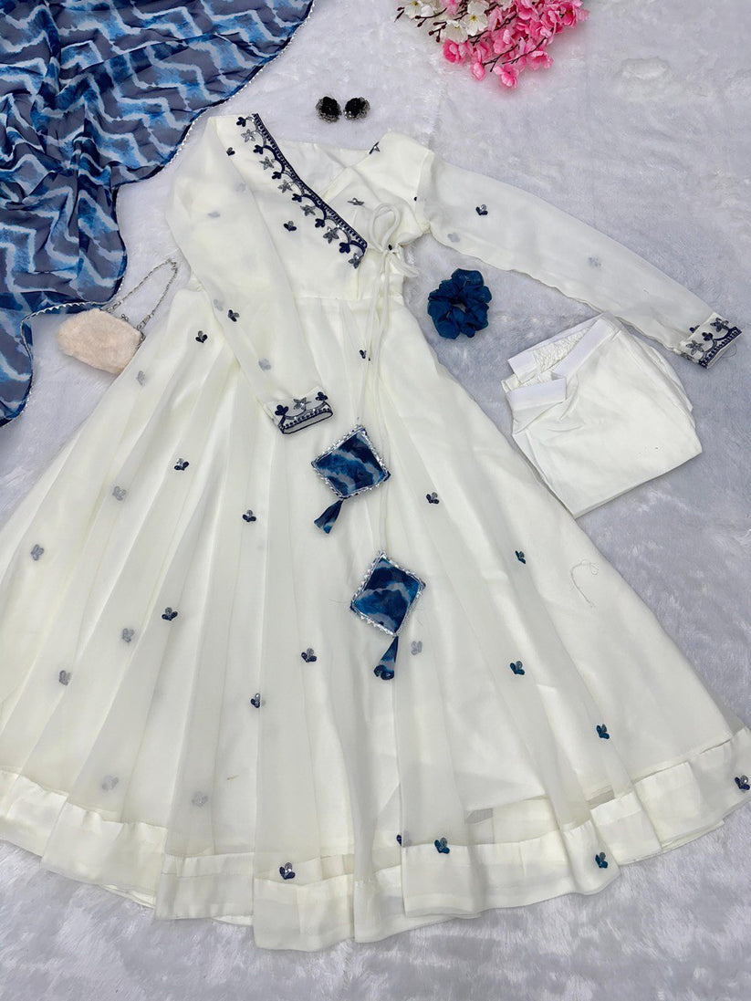 Designer White And Blue Combination Anarkali Suit  Set