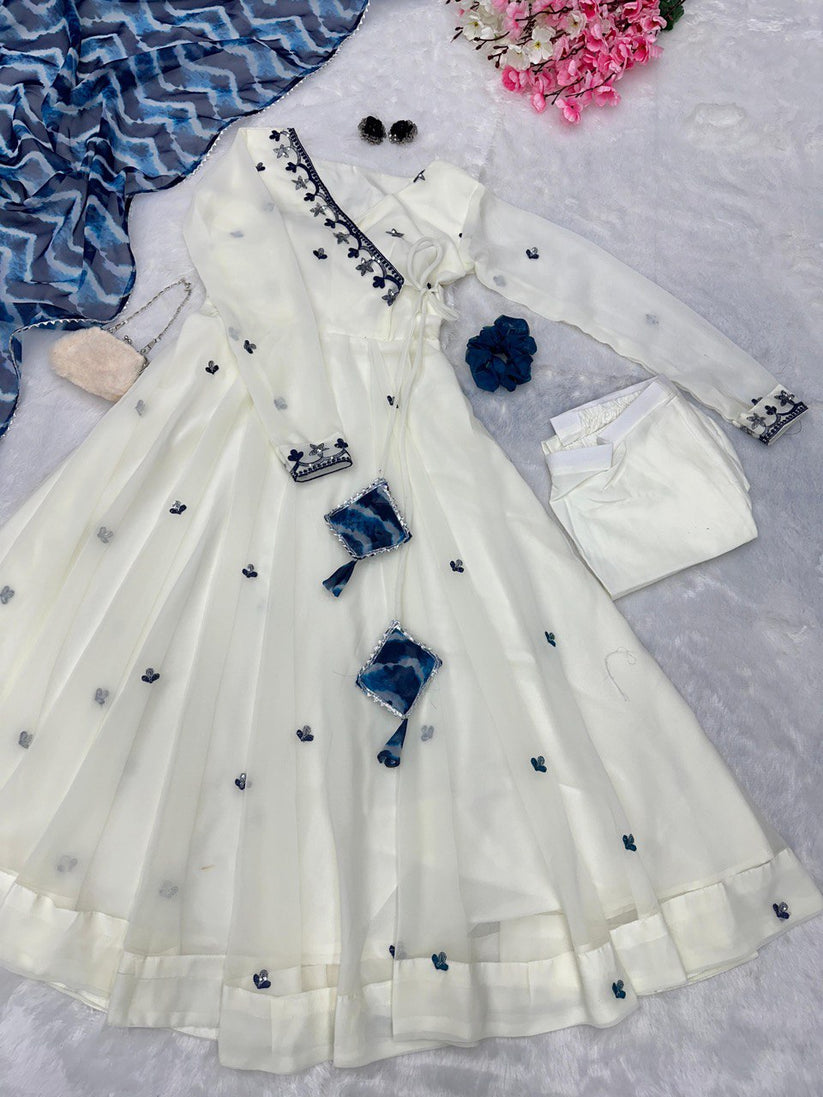 Designer White And Blue Combination Anarkali Suit  Set