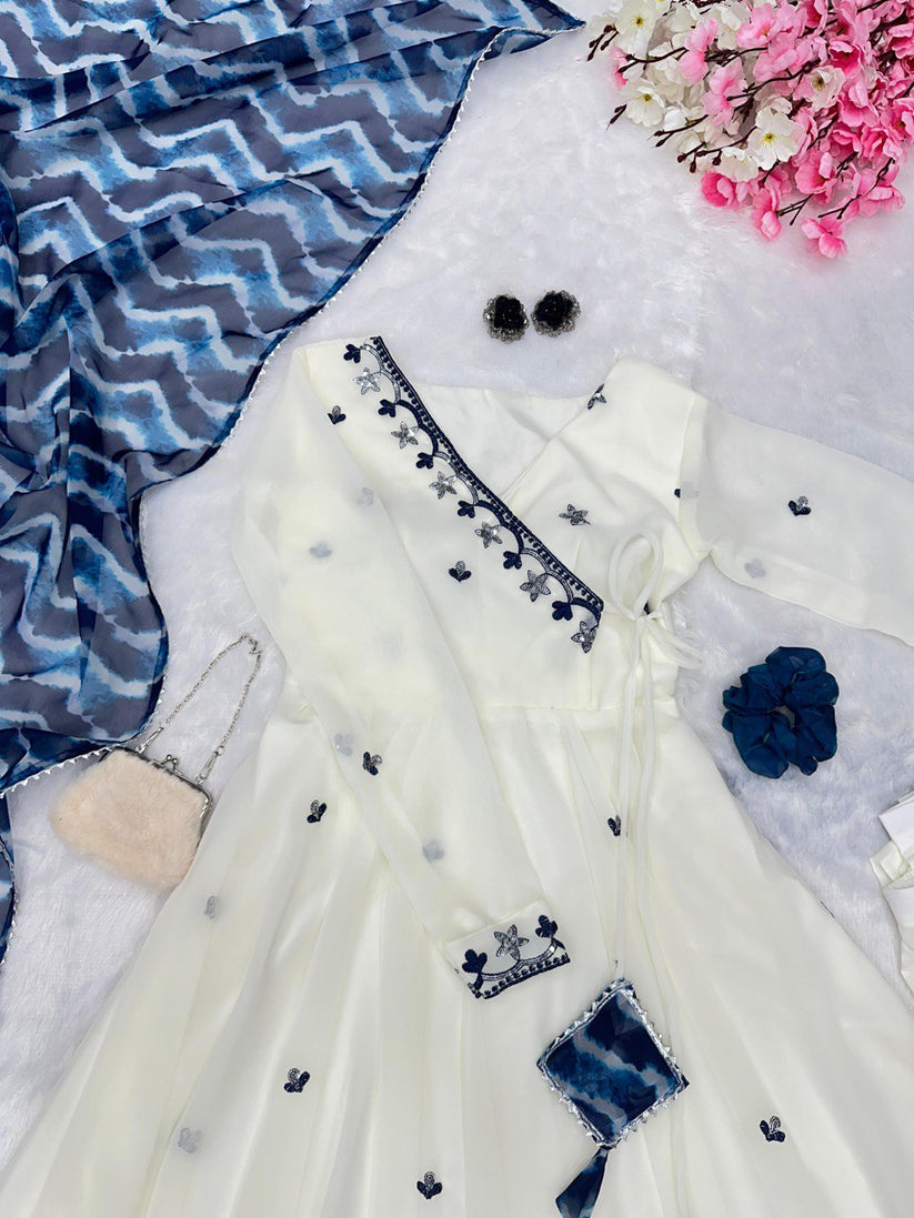 Designer White And Blue Combination Anarkali Suit  Set