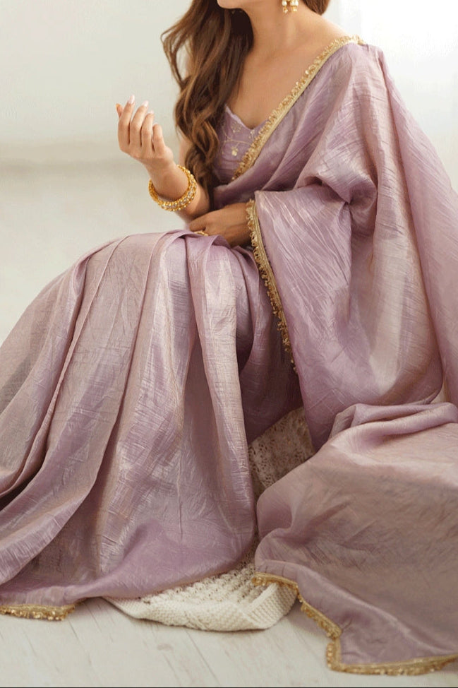 Gold Crush Tissue  Silk Fancy Lace Work Saree With Fully Stitched Blouse