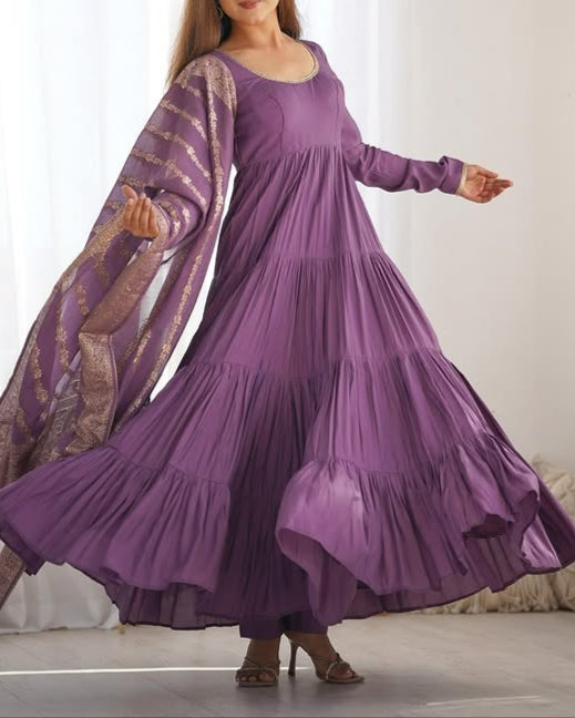 Pure Roman  Silk Chanderi Fabric Heavy Flair Anarkali Dress